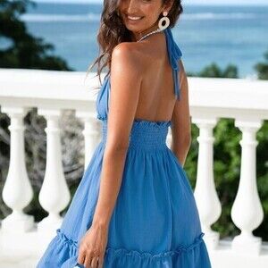 Flirty Blue Halter Neck Ruffled Mini Dress